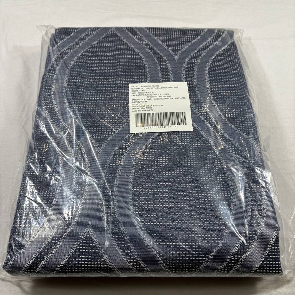 Silk Home Mitchell Blackout Curtain Panel Pair 52x84 Navy NEW Ogee Trellis